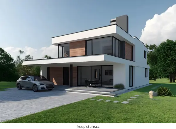 Modern White House with Wooden Siding and Large Windows