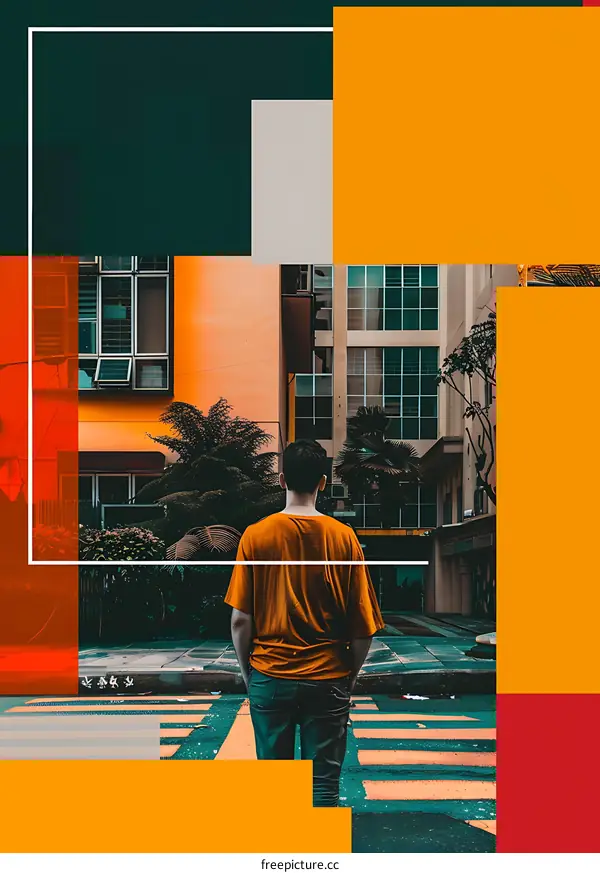 Man Standing on Crosswalk in City With Geometric Shapes