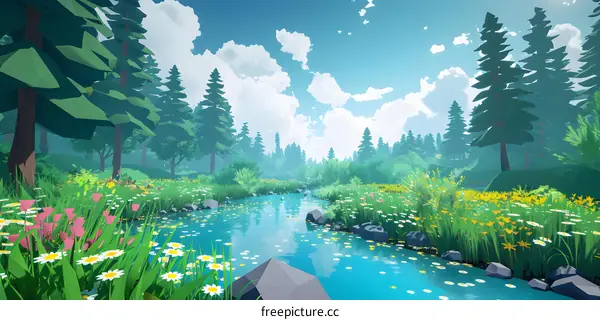 Low Poly Summer Landscape With Stream And Forest
