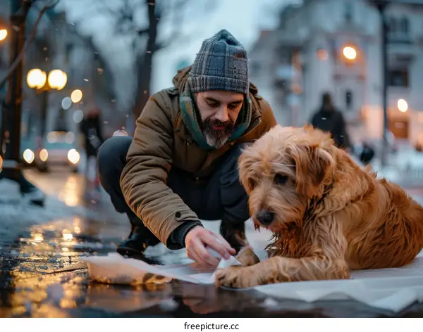 A man is cleaning his dog's paws with a wet wipe in the snow