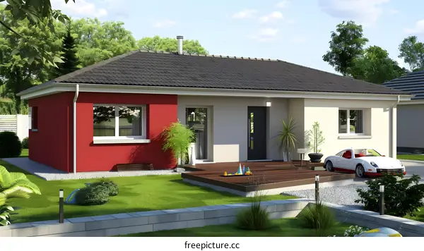 Modern House with Red and White Walls and a Wooden Deck