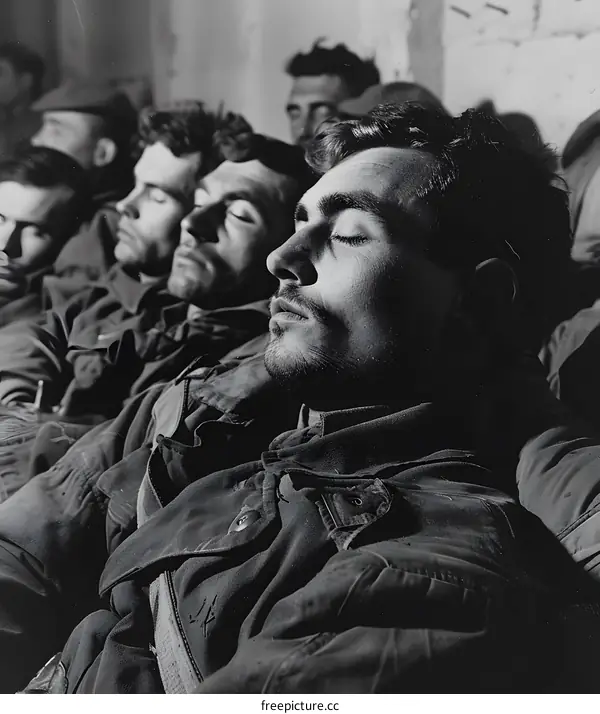 British soldiers sleeping in a barn during the Battle of Anzio, 1944