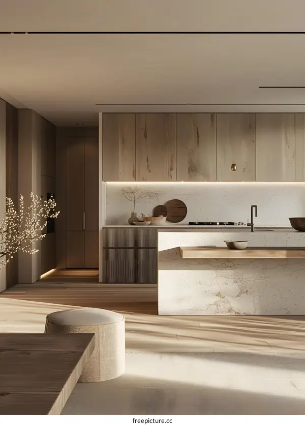 Minimalist Kitchen Design with Wooden Cabinets and Marble Countertops