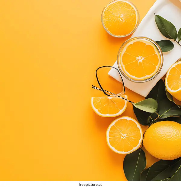 Orange Slices and Glasses on a Yellow Background