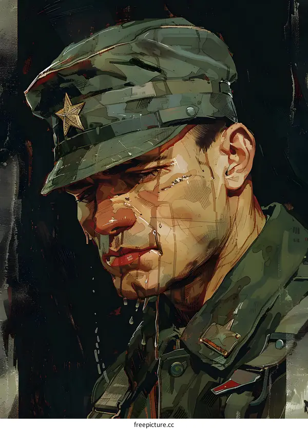 portrait of a soldier wearing a hat with a red star