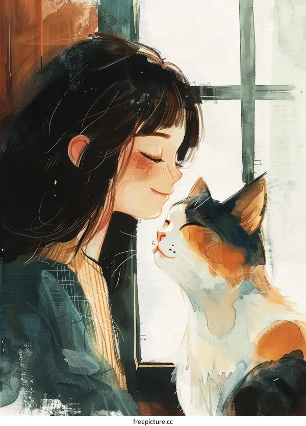 A girl and her cat are sitting by the window