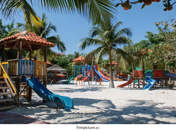 Colorful playground equipment on a sandy beach near palm trees
