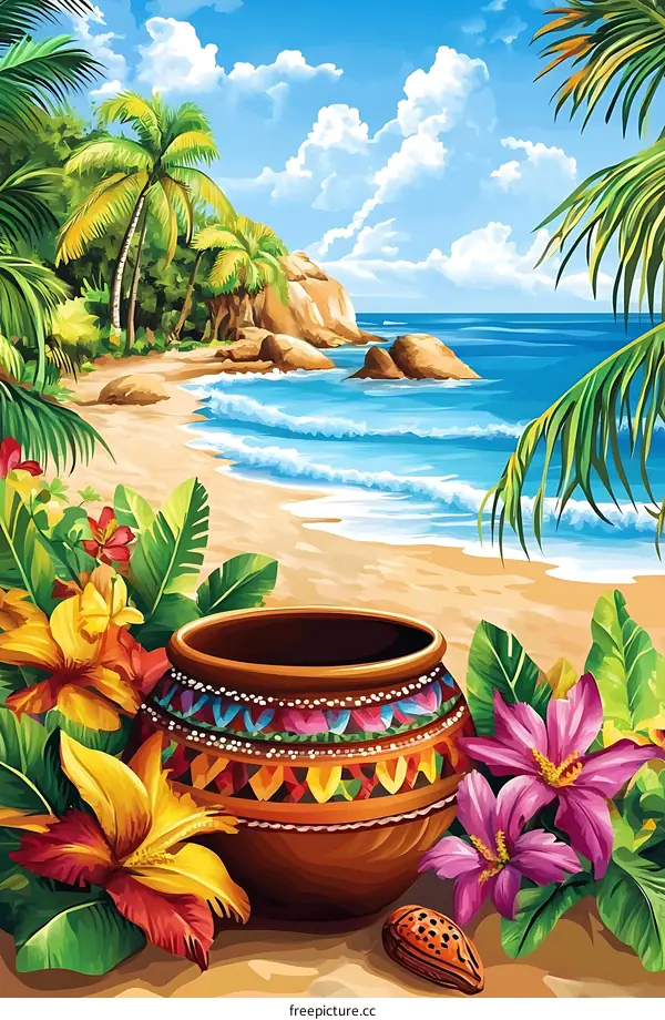 Tropical Beach with Clay Pot and Flowers