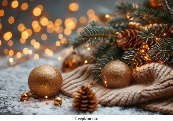 Christmas decorations with fir branches and golden balls on a knitted sweater