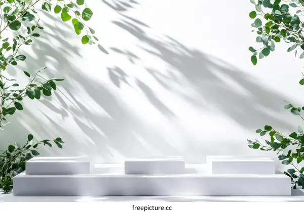 White Display Podium with Green Leaves and Shadows