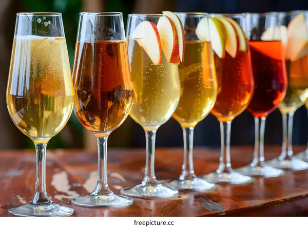 Selection of Different Flavored Sparkling Cider in Glasses