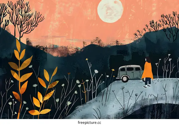 Woman in Orange Coat Standing by a Car in a Mountain Landscape