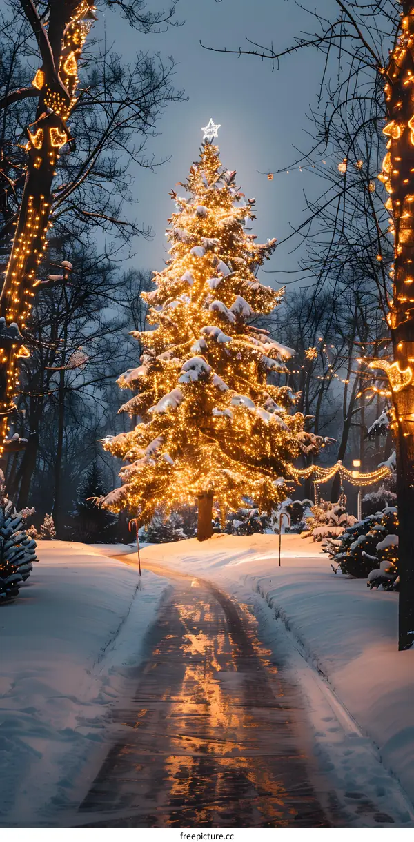 A snow-covered park with a large decorated Christmas tree in the center