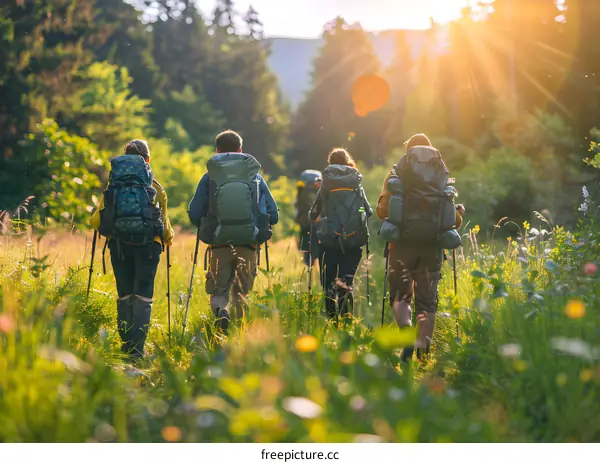 Group of Hikers Walking Through Forest on a Sunny Day