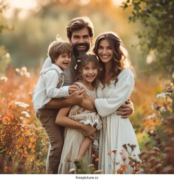 Happy family of four in a field of flowers