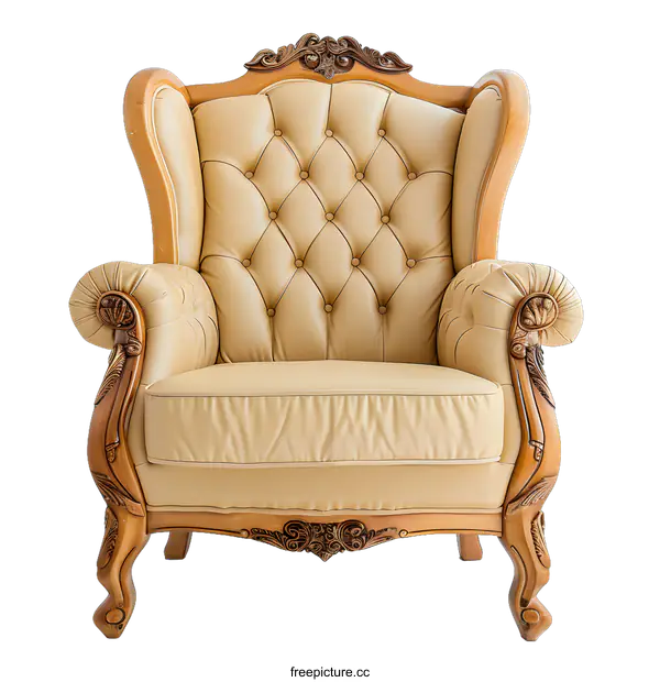 [Transparent Background PNG]Classic Leather Armchair with Wooden Frame
