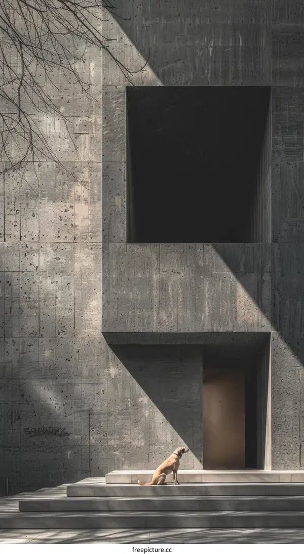 A dog sits in front of a concrete building