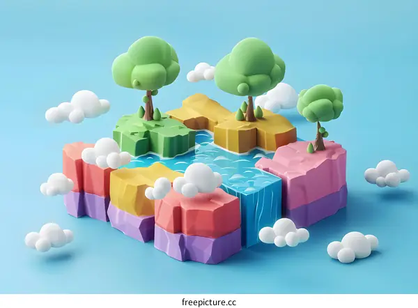 3D Cartoon Illustration of a Miniature Landscape with Trees and Clouds
