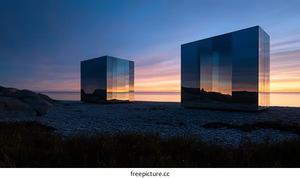 Mirrored Cubes at Sunset on a Rocky Beach