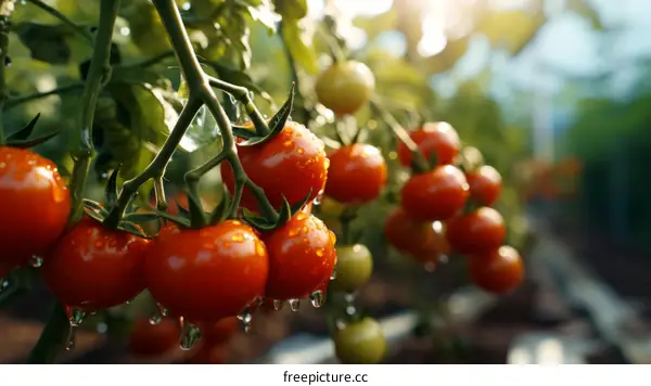 Close-up of ripe tomatoes growing in a greenhouse