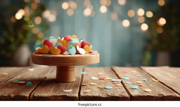 Colorful Heart-shaped Confetti on Wooden Cake Stand