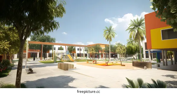 Modern Colorful School Building With Playground