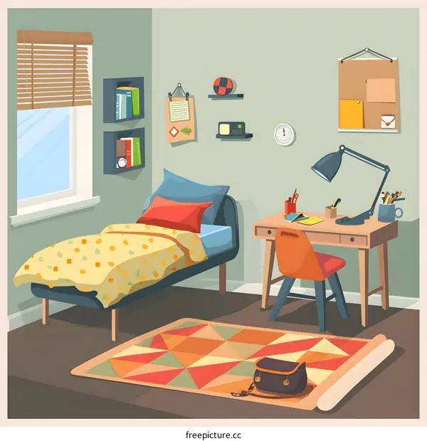 Cartoon Illustration of a Cozy Bedroom with Bed Desk and Window