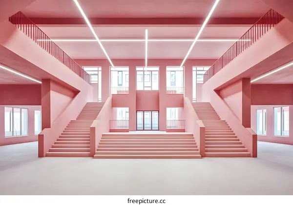 Minimalist Pink Interior Design of Staircase with Windows and Lights