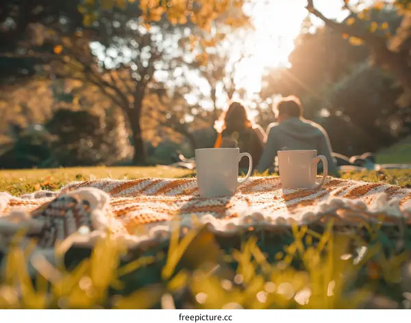 A couple is sitting on a blanket in the park, enjoying the sunset.