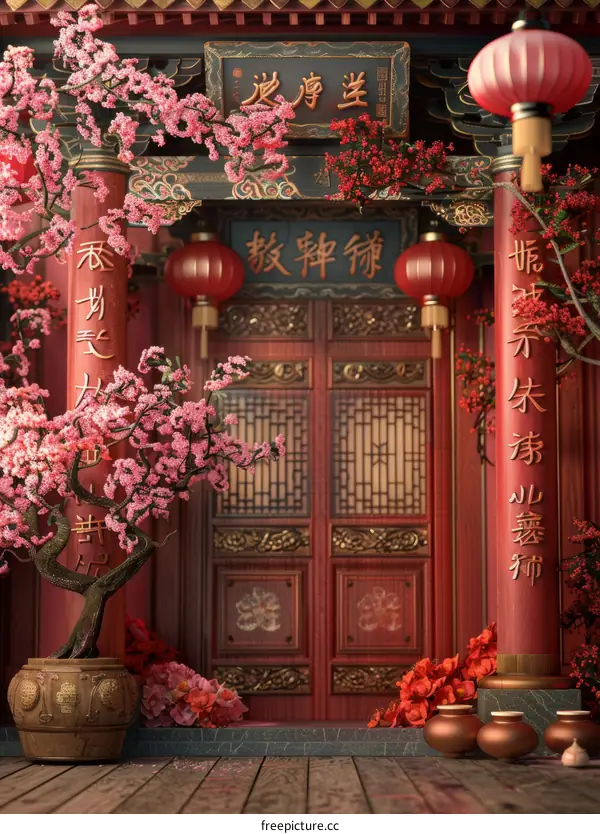 Traditional Chinese Gate with Red Lanterns and Cherry Blossoms