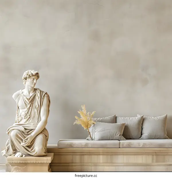 Beige Wall with Sitting Statue and Beige Couch
