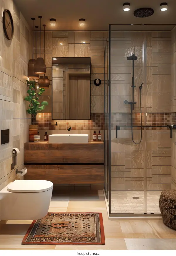 Modern Rustic Bathroom Design with Wooden Cabinets