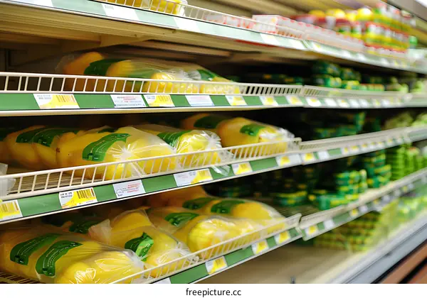 Close Up of Yellow Fruits Packed in Plastic Bags on Supermarket Shelves