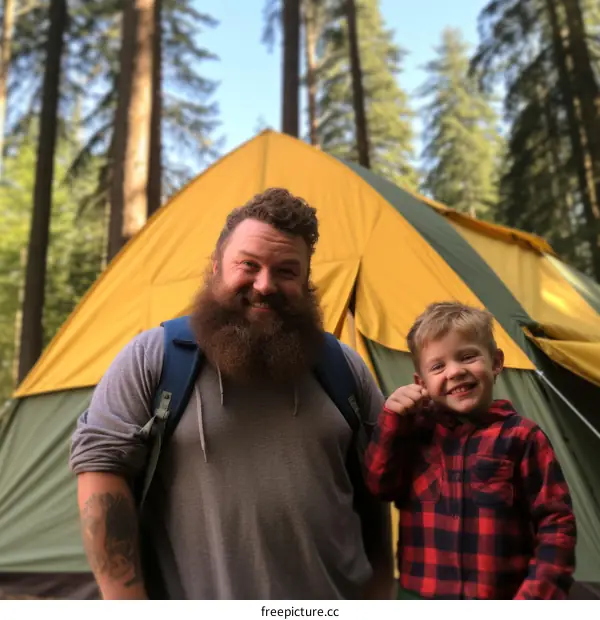 Happy caucasian father and son camping together in the woods
