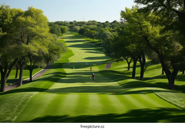 Several golfers on a golf course fairway with trees on either side