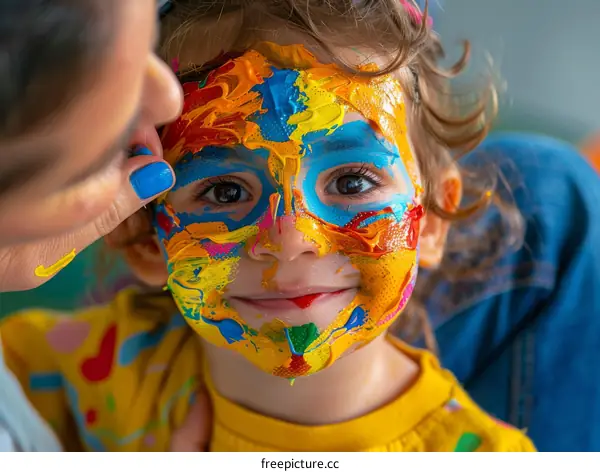 A woman painting a child's face with bright colors