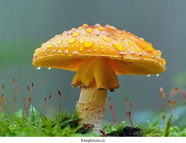 Yellow Mushroom with White Spots in Forest