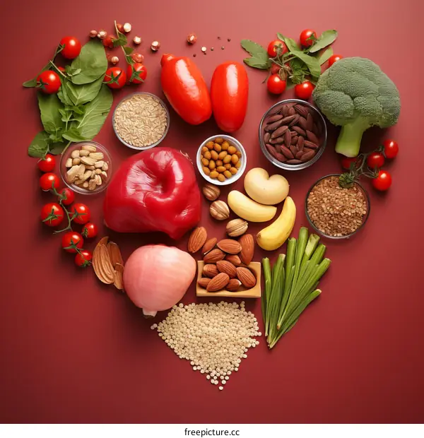 A variety of healthy food ingredients arranged in a heart shape on a red background.