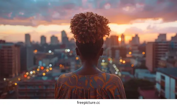 A woman of African descent is looking out over a city at sunset.