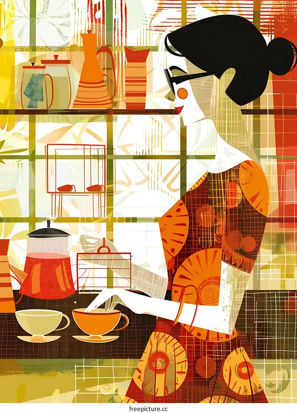 Woman Making Tea In A Vintage Kitchen Illustration