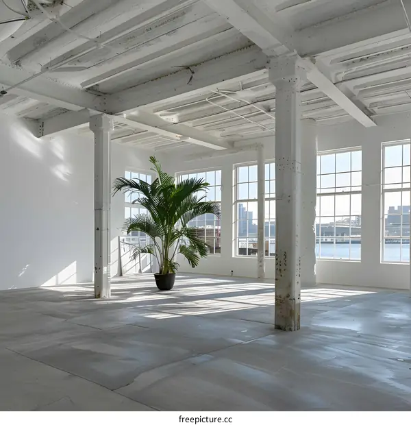 Large Empty Room with White Walls and Large Windows