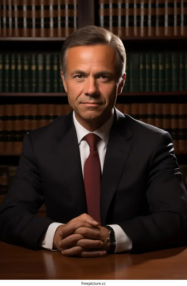 Confident Lawyer Sitting at Desk in Library
