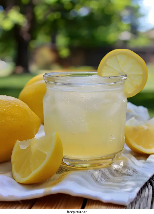 Glass of Lemonade with Lemon Slices and Ice on a Napkin