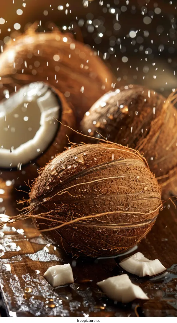 Refreshing Coconut Water Splash on Wooden Table