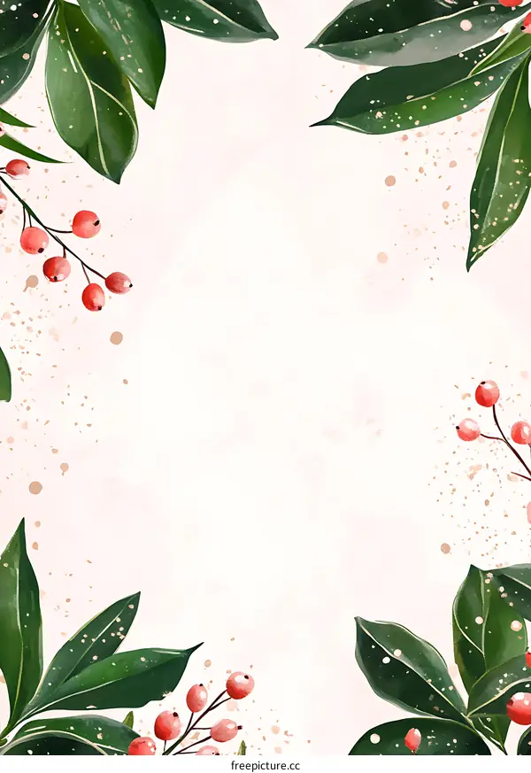 Watercolor Floral Border with Green Leaves and Red Berries