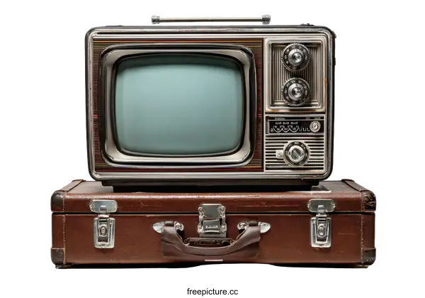 [Transparent Background PNG]Vintage Television Set on a Brown Suitcase