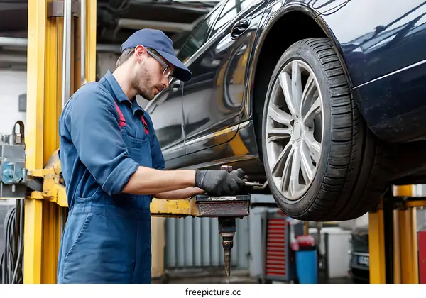 Auto Mechanic Working on a Car in a Garage