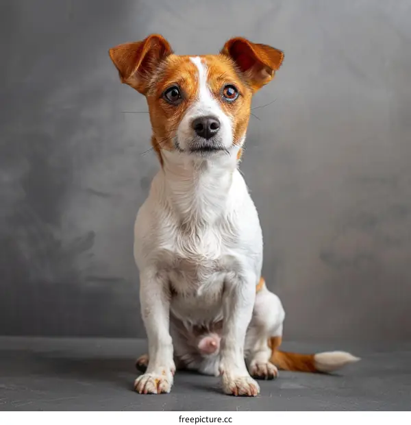 Cute Brown and White Jack Russell Terrier Dog Sitting on Gray Floor