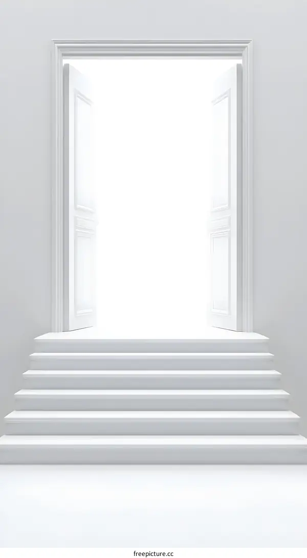 White Doorway with Stairs Leading to a Bright Light