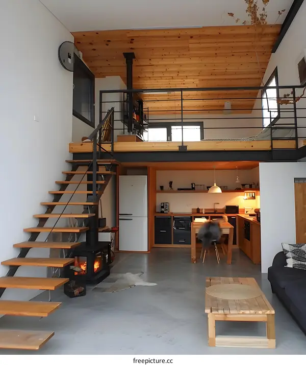 Modern Open Floor Plan Loft Apartment With Wooden Stairs